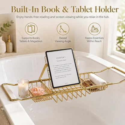 Bathtub Caddy Tray for Tub, Expandable Stainless Steel Bath Tray with Book Holder, Over Tub Organizer Rack for Tablet, Soap, Towel, Spa Bath Accessories(Rose Gold)