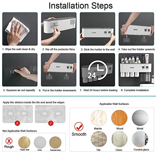 Toothbrush Holders for Bathrooms Wall Mounted, 6 Slot Toothbrush Holder with 2 Automatic Toothpaste Dispensers, 2 Magnetic Cups, Large Capacity Bathroom Organizer, Wall Storage with Drawer - size: Grey 2 Cups