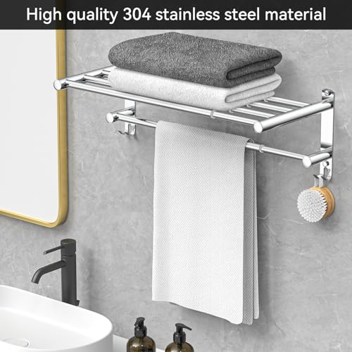 CAXIMSY Adjustable Towel Bar for Bathroom Wall Mount17-30.7inch Adhesive Shower Towel Rack Stainless Steel Bath Towel Holders for Toilet Kitchen Double Towel Hanger (2-Layer Towel Rack)