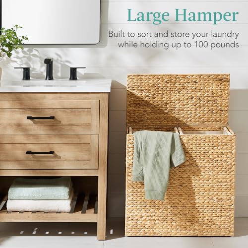 Best Choice Products Large Double Laundry Hamper with Lid, Natural Handwoven Water Hyacinth, 2 Sections w/ 2 Machine Washable Linen Liner Bags, Portable, Handles - Natural - color: Natural