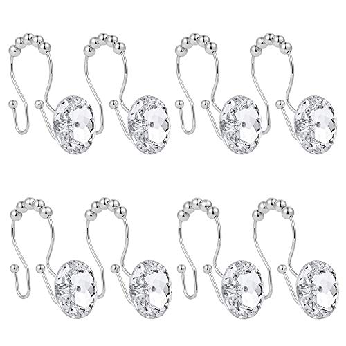 Shower Window Curtain Double Hooks，Stainless Steel Rustproof Crystal Rhinestones Gem Hooks 12-Pack (Rhinestone White)