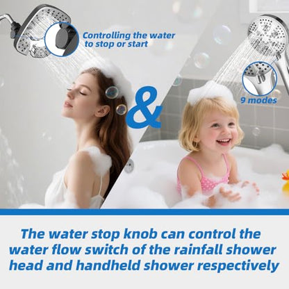 Shower Head with Handheld Spray Combo 2 in 1 Rainfall High Pressure with 59" Rotatable Stainless Steel Hose 9 Spray Modes Detachable Silver - color: Silver