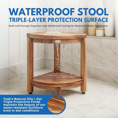 EcoDecors 18" Teak Corner Shower Bench with Shelf, Fully Assembled | Crafted from solid teak wood with natural water resistance for long-lasting durability in wet environments. - size: 2 tier Fully Assembled