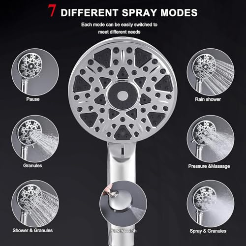 14 Inch Square Rain Shower Head Combo, 7 Settings Handheld Spray, Water Saving with Check Valve, Anti-Clog Nozzles, Tool-Free Installation for Bathroom Upgrade