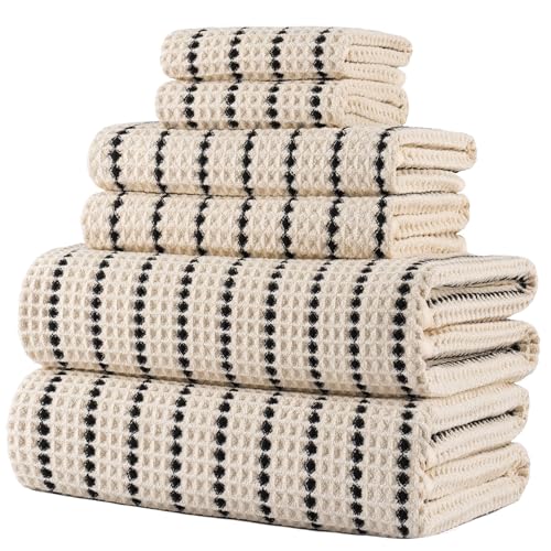 POLYTE 430 GSM Poly Blend Microfiber Quick Dry Waffle Bath Towel Set of 6 | 2-Body Towels, 2-Hand Towels, 2-Wash cloths, Oversize, Lint Free - color: Light Beige/Black