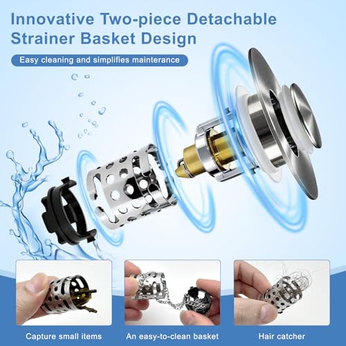 Upgraded 3 in 1 Bathroom Sink Drain Strainer, Universal Pop Up Stopper with Removable Stainless Steel Filter Basket Hair Catcher, Sink Plug for 1.1''~2.36'' Basin, Brushed Nickel Finish (2PC) - style: Brushed Nickel Finish 2PCS