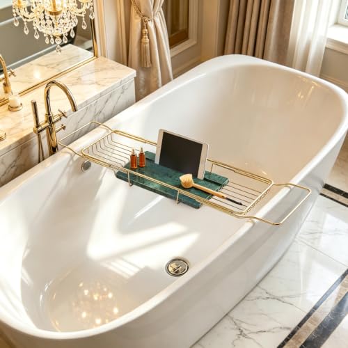 Expandable Bathtub Tray, Stainless Steel Bath Tub Caddy with Marble Base, Adjustable Over Tub Rack with Phone Tablet Holder, Bathtub Organizer (Gold) - color: Gold