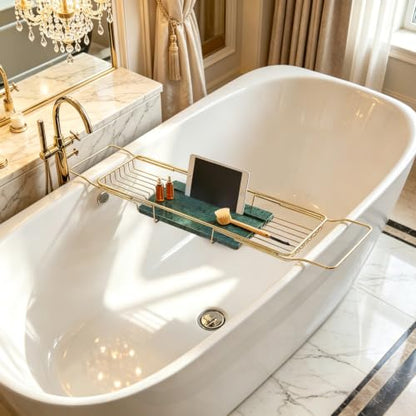 Expandable Bathtub Tray, Stainless Steel Bath Tub Caddy with Marble Base, Adjustable Over Tub Rack with Phone Tablet Holder, Bathtub Organizer (Gold) - color: Gold
