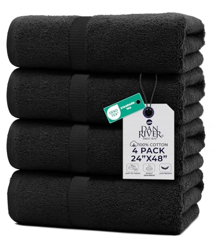 DAN RIVER 4 Pack Cotton Bath Towels 24x48 Inches, Black | Lightweight, Absorbent, Super Quick Dry towels, Soft & Durable Thick Body Towels for Home, Gym and Spa - color: Black, size: Bath Towel (24x48)
