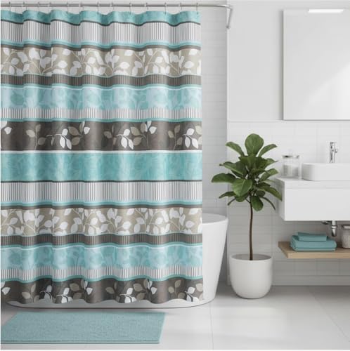 Serafina Home Hotel Quality Fabric Bathroom Shower Curtain: Striped Floral - Teal, Blue, Brown, Beige and White (72 x 70 inches) - color: Striped