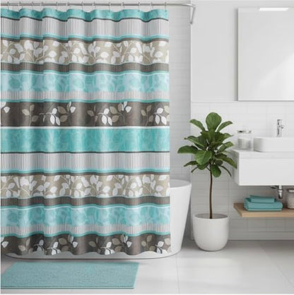Serafina Home Hotel Quality Fabric Bathroom Shower Curtain: Striped Floral - Teal, Blue, Brown, Beige and White (72 x 70 inches) - color: Striped