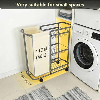 Narrow Laundry Cart with Wheels, 3 Baskets and 45L Laundry Bag | Metal Rolling Cart for Small Space, Laundry Room Organization and Storage, for Bathroom Living Room Apartment Dorm