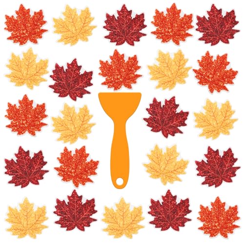JarThenaAMCS 24 Pcs Fall Non Slip Bathtub Sticker with Scraper Maple Leaves Anti Slip Shower Tread Adhesive Shower Decal for Autumn Bathroom Floor Decoration