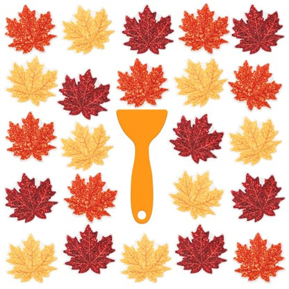 JarThenaAMCS 24 Pcs Fall Non Slip Bathtub Sticker with Scraper Maple Leaves Anti Slip Shower Tread Adhesive Shower Decal for Autumn Bathroom Floor Decoration