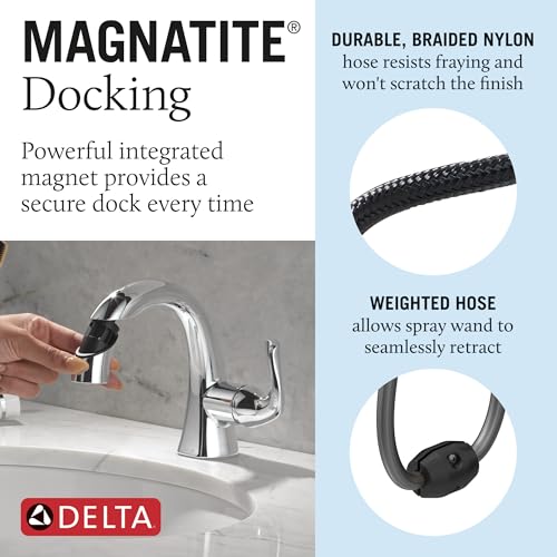 Delta Arvo 1 Hole Pull Down Bathroom Faucet with Sprayer, Chrome Single Hole Bathroom Sink Faucet with Pull Out Sprayer for Vanity, Metal Push-Pop Drain, Chrome 15840LF-PD - color: Chrome