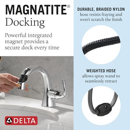 Delta Arvo 1 Hole Pull Down Bathroom Faucet with Sprayer, Chrome Single Hole Bathroom Sink Faucet with Pull Out Sprayer for Vanity, Metal Push-Pop Drain, Chrome 15840LF-PD - color: Chrome