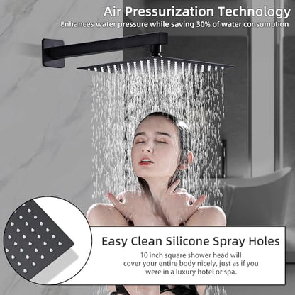 Shower Faucet Set Complete, Shower System Black with 10 inch Square Rainfall Shower Head 3-Function Handheld Shower Waterfall Bathtub Spout Rain Shower Combo Mounted Bathroom Wall fit All Valve Types - style: 10inch-with tub spout