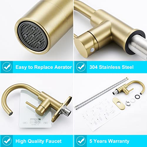 CREA Bar Sink Faucet Single Hole,Brushed Gold Faucets for Large Bathroom Basin/Small Kitchen Sink,Stainless Steel with Deck Plate,Prep Wet Bar Lavatory Vanity Outdoor - color: Gold