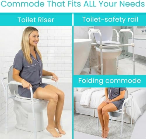 Vive Bedside Commode Toilet Chair (Folding) - 350 lb Capacity, Safety Rail, Shower Chair - 3 in 1 Heavy Duty Bariatric Bucket with Padded Arms, Tight Lid – Portable Seat for Home - Steel
