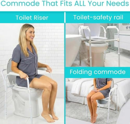 Vive Bedside Commode Toilet Chair (Folding) - 350 lb Capacity, Safety Rail, Shower Chair - 3 in 1 Heavy Duty Bariatric Bucket with Padded Arms, Tight Lid – Portable Seat for Home - Steel