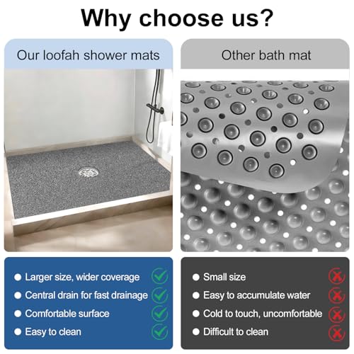 Shower Mat Non Slip 32 x 24 inch: Loofah Anti Slip Shower Mat,Non Slip Bathtub Mat for Inside Shower,Quick Drying Shower stall mat with Drain Hole in Middle,for Shower,Bathroom and Wet Areas - color: Grey