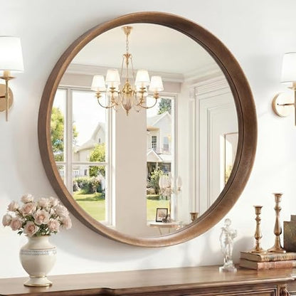Brakki Round Wall Mirror with Wood Frame, 24" Circle Mirror for Bathroom | HD Shatterproof Glass, Hanging or Leaning, Wall Mounted Decor, for Bedroom Entryway Vanity Living Room, Walnut