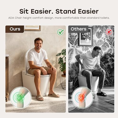 HOROW Non-Electric Bidet Toilet with Auto Flush, Tankless One-Piece Toilet with Powerful Flush, 1.22 GPF Water Saving, Battery Operated, No Rewiring, Suitable for No Outlet Bathrooms, 12" Rough-In