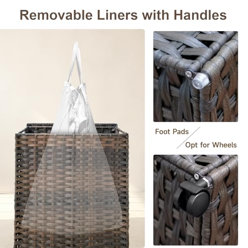 88L Slim Laundry Hamper with Wheels, 23.3 Gallon Rolling Laundry Basket with Lid, Tall and Narrow Laundry Hamper with 2 Removable Liner & 3 Mesh Bags, Laundry Sorter for Bathroom, Brown