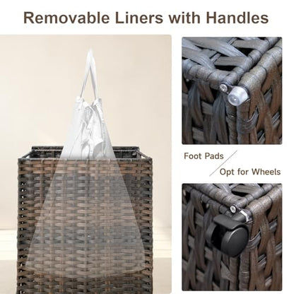 88L Slim Laundry Hamper with Wheels, 23.3 Gallon Rolling Laundry Basket with Lid, Tall and Narrow Laundry Hamper with 2 Removable Liner & 3 Mesh Bags, Laundry Sorter for Bathroom, Brown