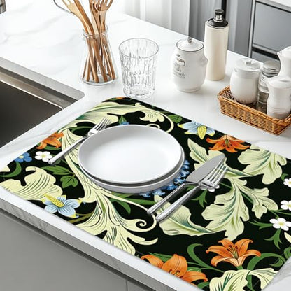Fantasy Style Dish Drying Mat 23.6 X 17.7 Inch/60 X 45 cm Microfiber Polyester Cotton Green Leaves Absorbent Draining Pad Heat Resistant Coffee Bar Counter Mat with Hanging Loop Green - style: Tropical plants