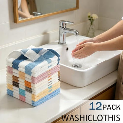 12 Pack Striped Wash Cloths, 13.4” x 13.4”inches 100% Cotton Absorbent Soft Wash Cloths for Showering Bathroom, Kitchen, Gym, Face - 6 Colors