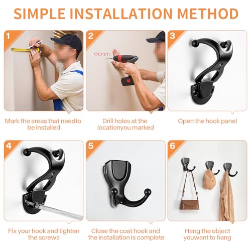 Coat Hooks Wall Hooks for Hanging, Metal Hooks Wall Mounted for Coat Heavy Duty Double Wall Hooks for Hanging Hat, Towel, Key, Robe, Coats, Scarf, Bag, Cap, Coffee Cup, Mugs (4, Black) - color: Black