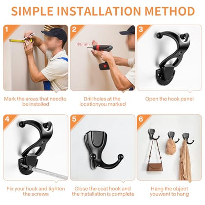 Coat Hooks Wall Hooks for Hanging, Metal Hooks Wall Mounted for Coat Heavy Duty Double Wall Hooks for Hanging Hat, Towel, Key, Robe, Coats, Scarf, Bag, Cap, Coffee Cup, Mugs (4, Black) - color: Black