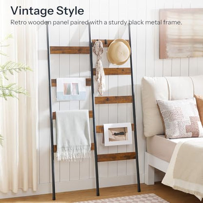 HOOBRO Blanket Ladder, 33.9" L Wall-Leaning Towel Rack, Double Row Blanket Rack for Large Capacity, Metal Frame, Anti-Tip Design, Blanket Holder for Living Room, Bathroom, Rustic Brown BF17CJ01