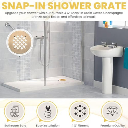 4 ¼” Champagne Bronze Snap-in Shower Drain Cover - New Brass Replacement - 4.25" OD Shower Drain Strainer - Easy Install - Premium Round Shower Drain Cover - Solid Brass Construction - color: Champagne Bronze