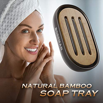 Bossman Soap Dish - Bathroom and Shower Soap Bar Holder - Premium Ceramic Base - Removable Natural Bamboo Soap Tray (Black) - color: Black