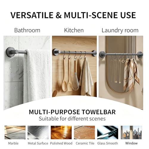 Suction Cup Towel Bar for Bathroom, Adjustable 14.6-24 inch | No Drill Towel Rack, Heavy Duty Stainless Steel Wall Mounted Towel Holder (Grey) - color: Grey