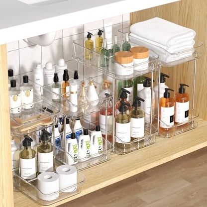 incostar 2 Tier Pull-Out Storage Organizer for Bathroom and Kitchen, Under Sink Organizer with Dividers, Ideal for Organizing Cupboard,Bathroom Vanities,Cabinet, Slide-Out Clear Storage, 4 Pack - style: 4 Pack 2Tier