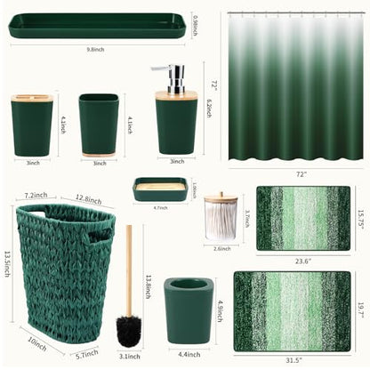 XLHOMO Dark Green Bathroom Accessories Set with Wicker Trash Can Shower Curtain and Rugs,Bathroom Sets Small Waste Basket Bathroom Trash Can for Bedroom Bathroom - size: Wicker Bathroom Set+Shower Curtain+Bath Rugs, style: Dark Green