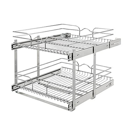 Rev-A-Shelf Pullout Organizer for Cabinets, Min Opening Width of 24" | Two-Tier Steel Shelf for Kitchen or Vanity Cabinet Organization, Heavy Gauge Wire Slide Out Storage Basket, 5WB2-2422-CR-1 - size: 24" W x 22"D, style: Two Tier