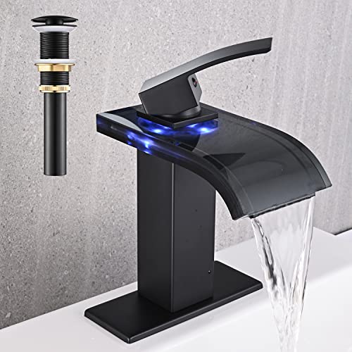 AVSIILE LED Bathroom Sink Faucet, Matte Black Waterfall Single Hole Handle Vanity Faucets for Sinks 1 Hole with Metal Pop Up Drain and 2 Water Supply Lines, Wide Glass Spout - color: Matte Black