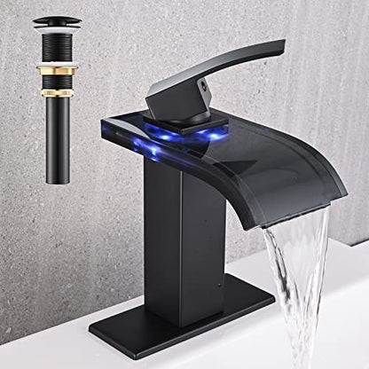 AVSIILE LED Bathroom Sink Faucet, Matte Black Waterfall Single Hole Handle Vanity Faucets for Sinks 1 Hole with Metal Pop Up Drain and 2 Water Supply Lines, Wide Glass Spout - color: Matte Black