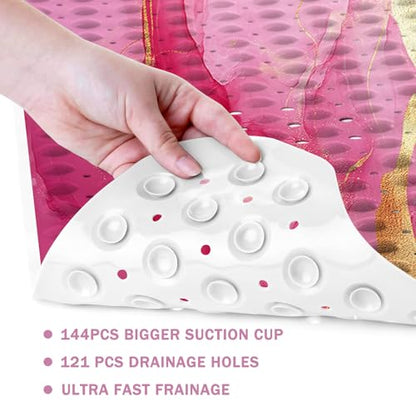 Marble Bath Tub Mat Non Slip, Pink Marble Non Slip Bath Mat for Shower, Large Washable Shower mats for Showers with Drain Holes and Suction Cups,40 X 16 Inch - color: Pink Marble