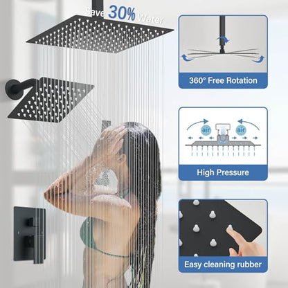 Shower Faucet Matte Black Shower System with 12" Celing+6" Wall Dual Rain Shower Head with Handheld Spray,Bathroom Luxury Brass Shower Valve with Shower Diverter Kit Shower Faucet Set Complete - color: Matte Black, size: Matte Black-12+6"