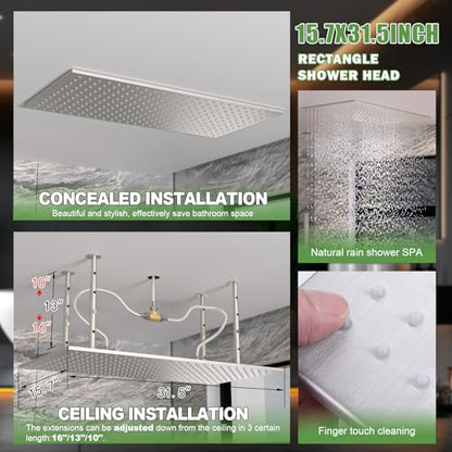 HOMEDEC Dual Side 6" Wall Mounted Shower System, 15.7x31.5" Ceiling Rain Shower, with Handheld and 6 Spray Jets, Brushed Nickel - color: Brushed Nickel, style: 5-Way + 2x 6" Top