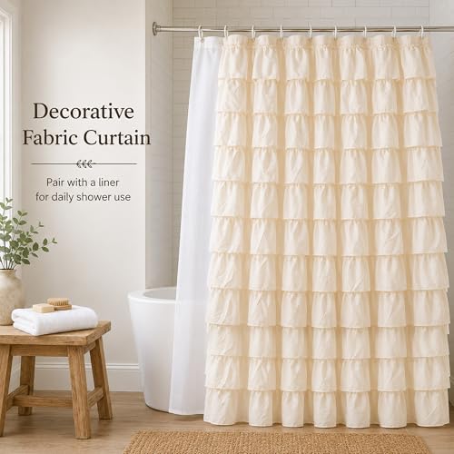 Beige Ruffle Shower Curtain for Bathroom, 72x84 inch, Elegant Ruffled Panel | Ruched Fabric Texture, Cascading Waterfall Ruffles, Extra-Long 72 X 84, 12 Hooks Included, Machine Washable, Opaque Rustic - color: Beige, size: 72"W x 84"L (Pack of 1)