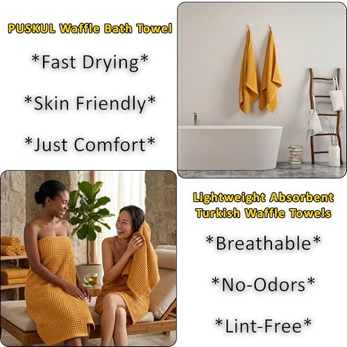PÜSKÜL 2-Piece Natural 100% Turkish Cotton Waffle Bath Towels Extra-Large | Mustard, 32x63" Bath Sheet Towel, Light Soft Absorbent Quick-Dry Lint-Free Premium Honeycomb Weave Oeko-Tex Made in Turkiye - color: Mustrad Yellow, size: Bath Towels - Pack of 2