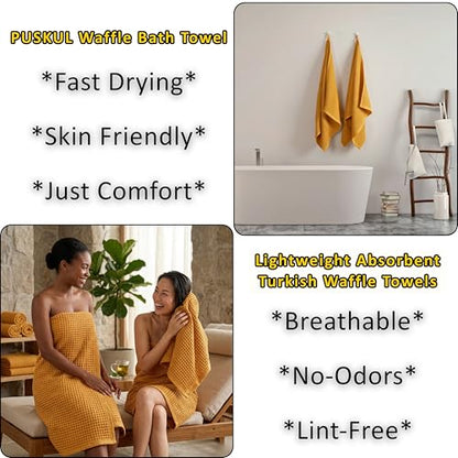 PÜSKÜL 2-Piece Natural 100% Turkish Cotton Waffle Bath Towels Extra-Large | Mustard, 32x63" Bath Sheet Towel, Light Soft Absorbent Quick-Dry Lint-Free Premium Honeycomb Weave Oeko-Tex Made in Turkiye - color: Mustrad Yellow, size: Bath Towels - Pack of 2