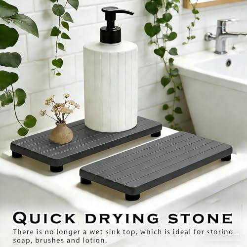 2PCS Stone Drying Tray, Water Absorbing Stone Tray for Sinks, Neat Diatomite Sink Trays, Fast Drying Kitchen Sponge Hand Soap Holder, Instant Dry Sink Coasters Used for Bathroom Counter -Dark Gray - color: 2pcs Dark Gray 5stripes
