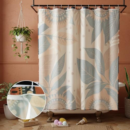 Burnt Orange Botanical‌ Pattern Linen Shower Curtain Set with Liner | Double Layer Shower Curtain Waterproof Fabric with Zippered Removable PEVA Liner,Boho Shower Curtain for Bathroom,Free Hooks - color: Sunflower